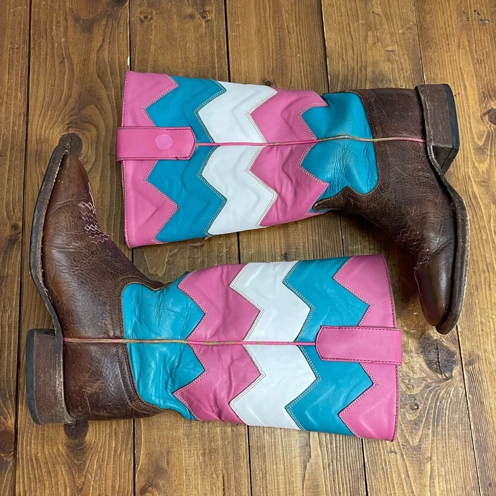 Macie Bean Girls Brown Western Boots with Pink, Teal & White Chevron Shaft